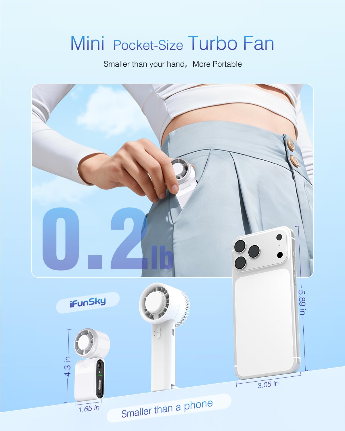 iFunSky mini fan weighs only 0.2 lb for effortless portability.