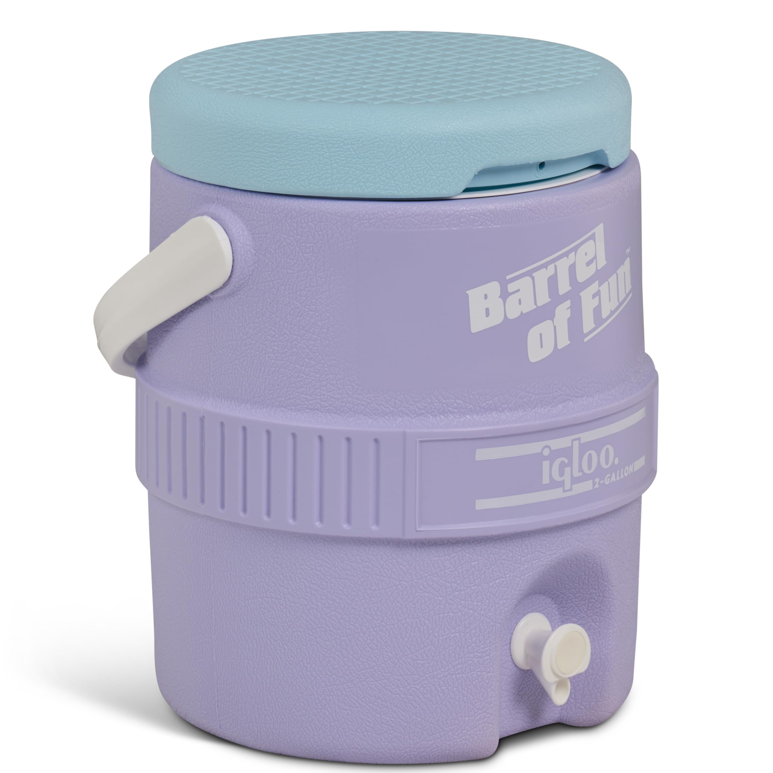 Igloo 2-gallon retro water jug Lilac Breeze with spigot for quick outdoor serving.