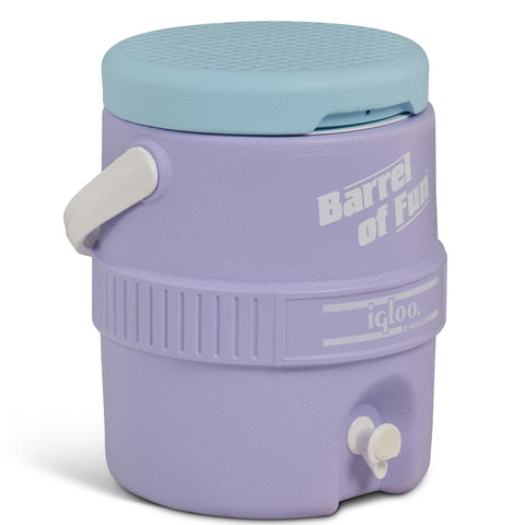 Igloo 2-gallon retro water jug Lilac Breeze with spigot for quick outdoor serving.