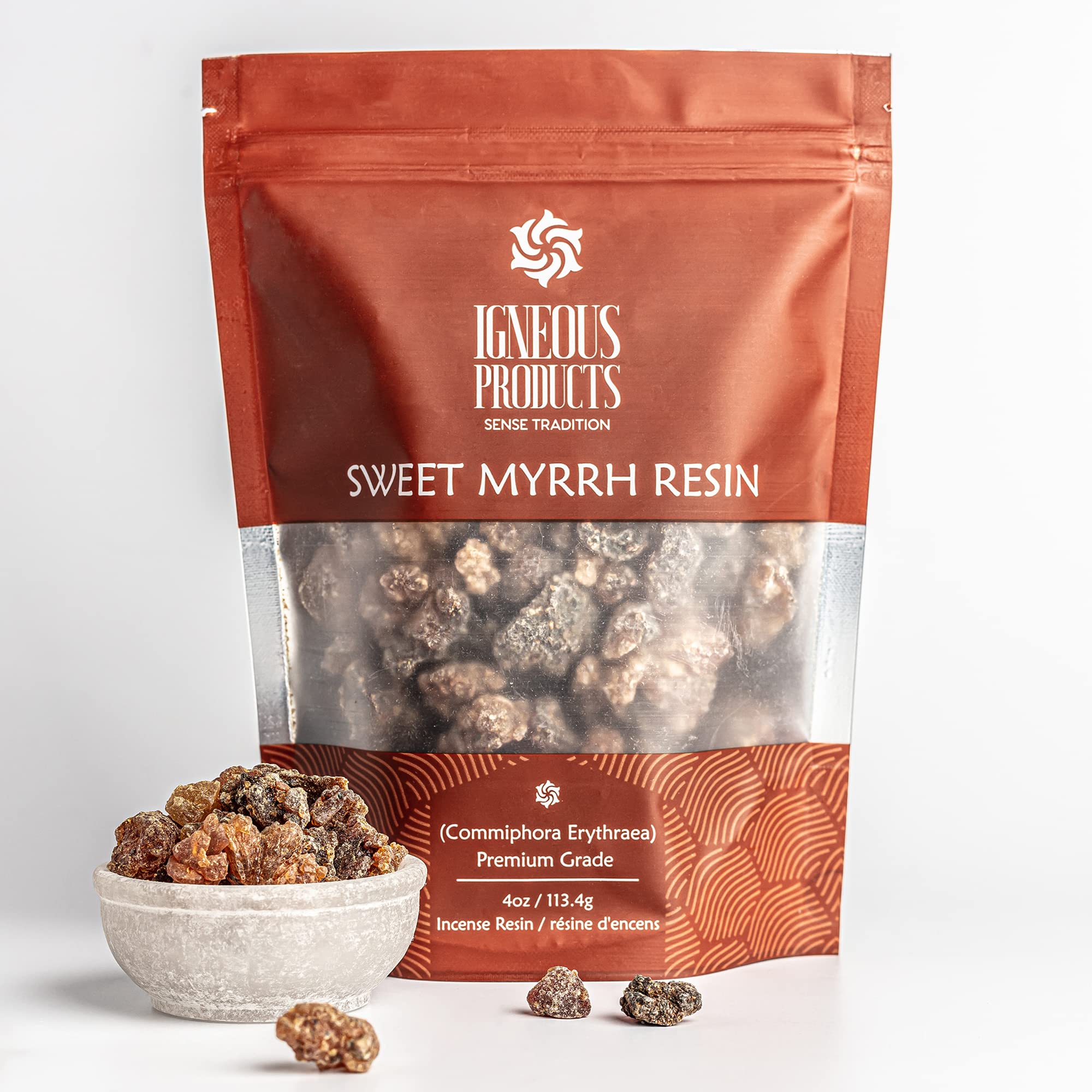 Igneous Products Myrrh resin chunks close-up for natural incense aroma and calming ambiance.