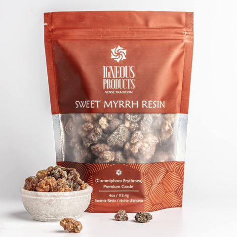 Igneous Products Myrrh resin chunks close-up for natural incense aroma and calming ambiance.