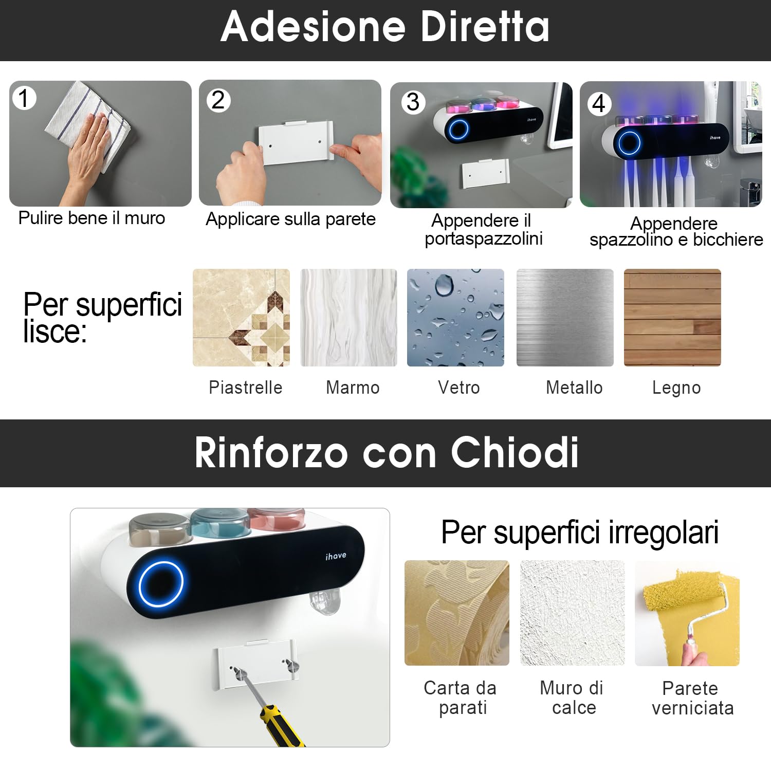 IHAVE adhesive installation option with nails for reinforced mounting on various surfaces.
