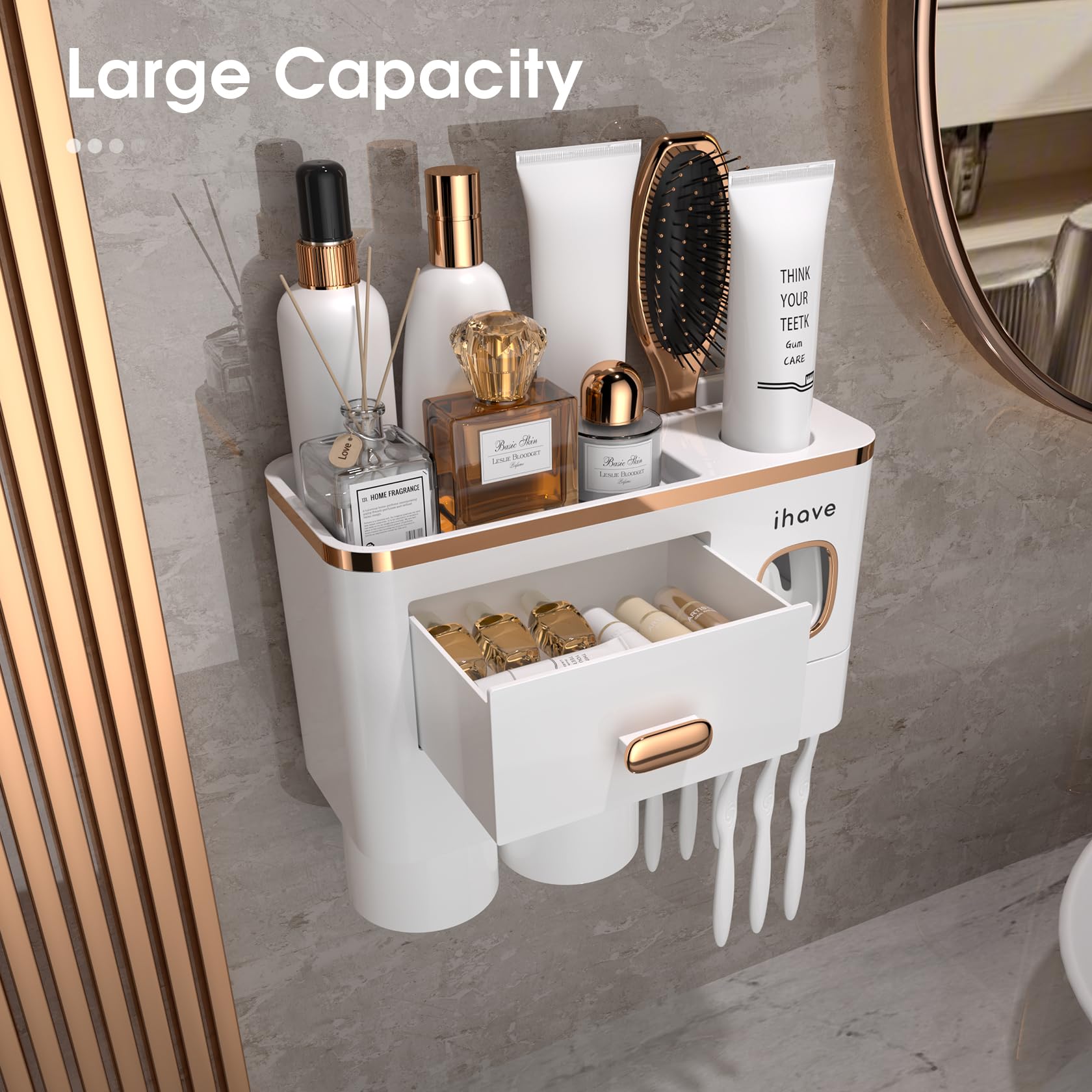 iHave bathroom organizer with six slots, a tray, and a drawer keeps toothbrushes and cosmetics neatly.