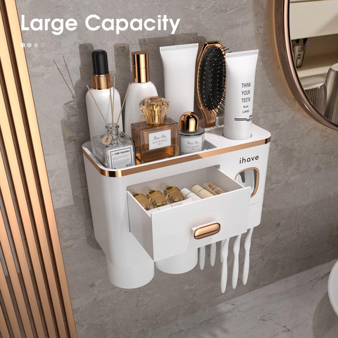 iHave bathroom organizer with six slots, a tray, and a drawer keeps toothbrushes and cosmetics neatly.