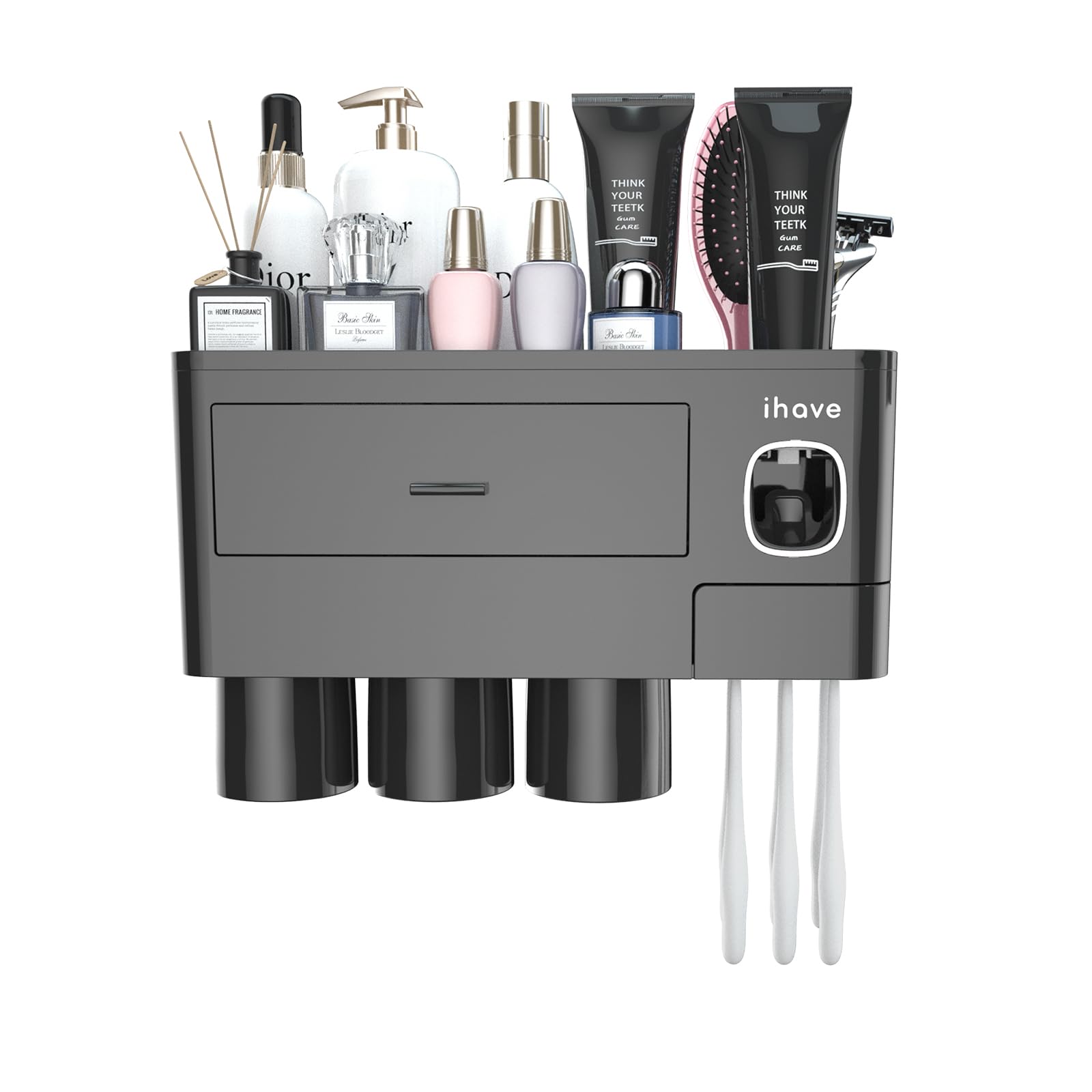 ihave toothbrush holder with magnetic mouthwash cups keeps cups secure and organized.