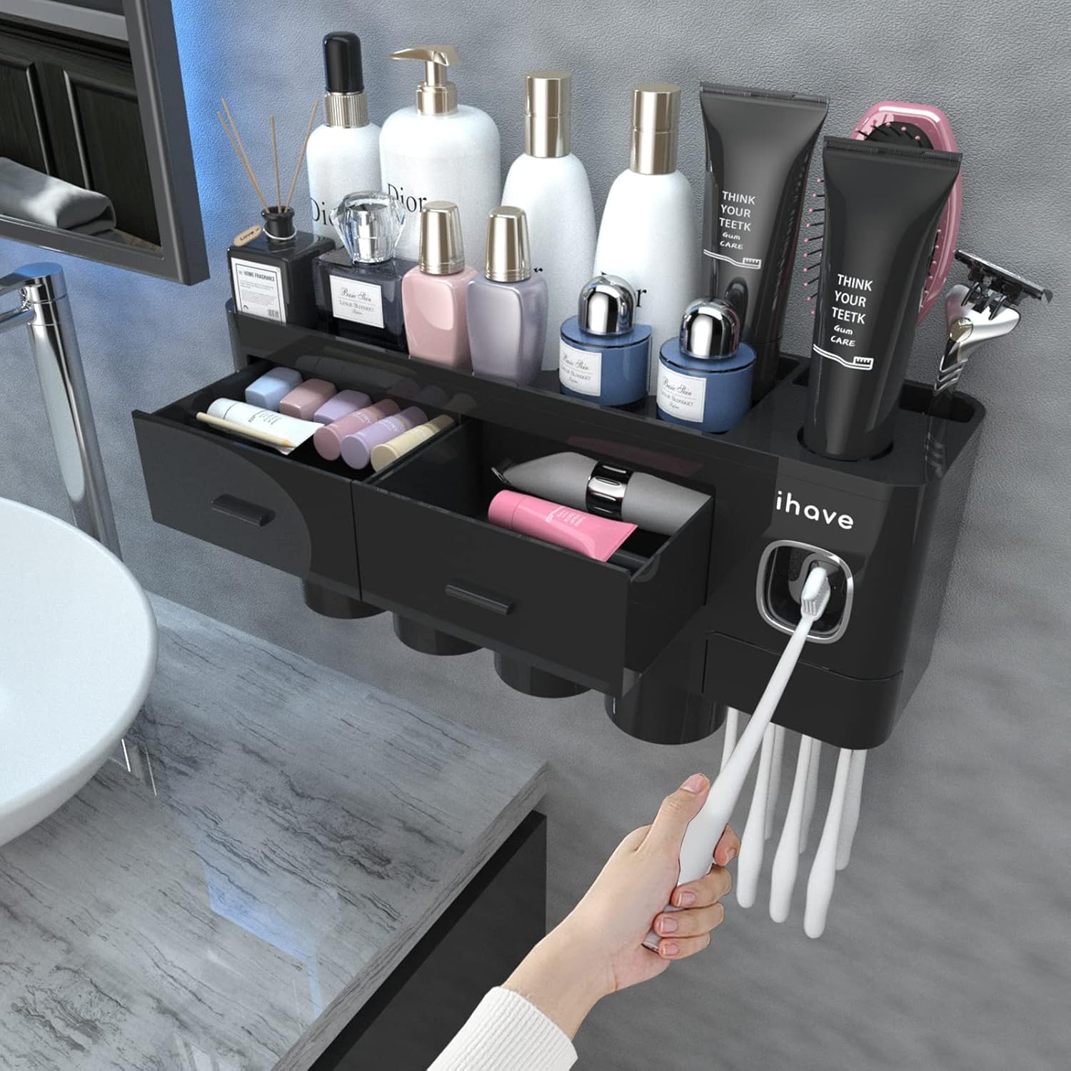 iHave toothbrush holder wall-mounted dispenser demonstrates compact bathroom organization