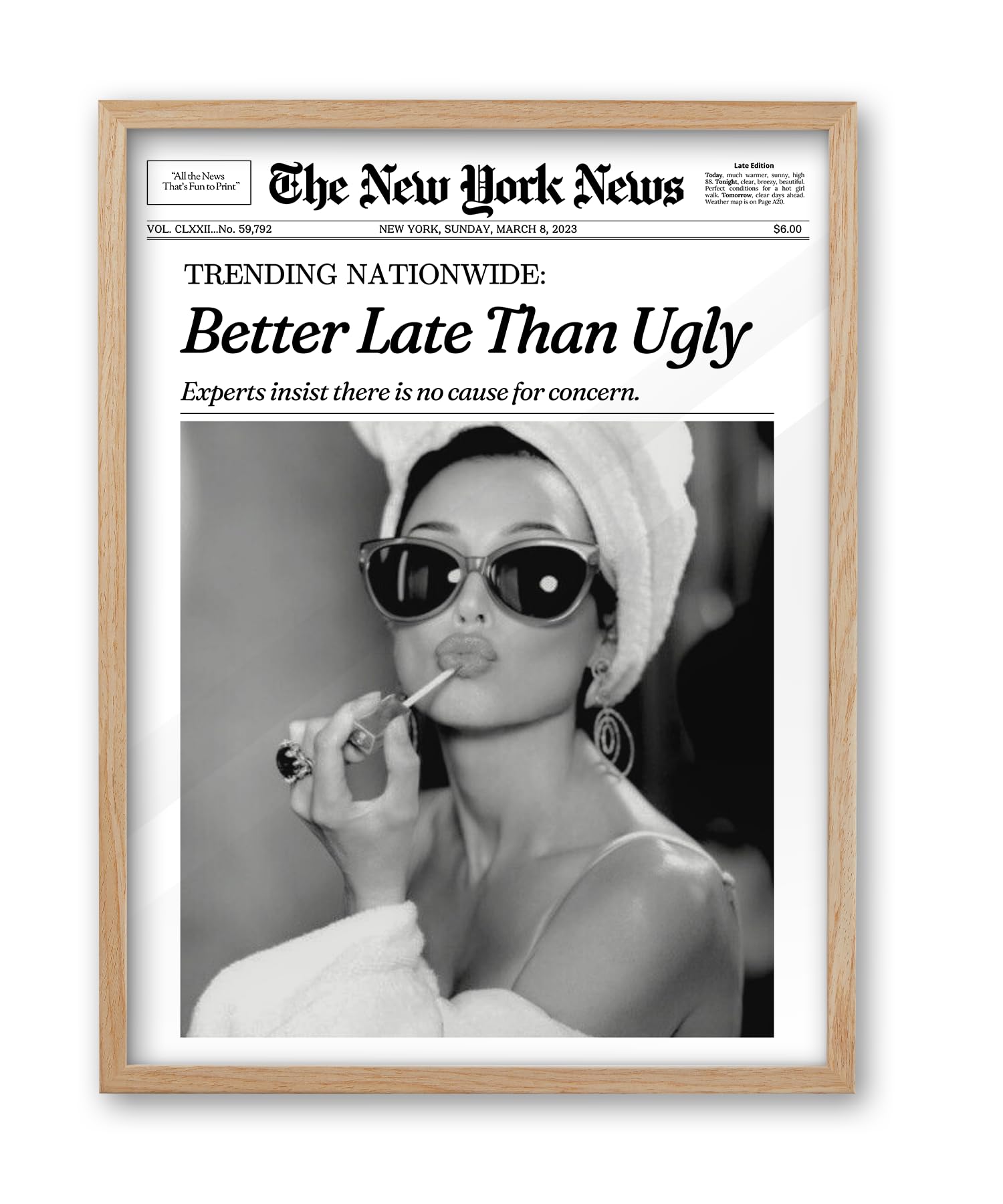 ihery audrey hepburn better late than ugly wall art, stylish 12x16 canvas for dorm rooms.