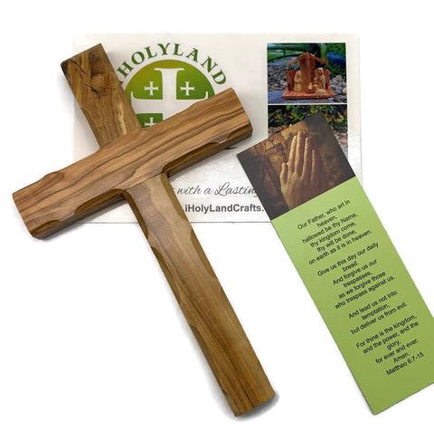 Cross includes information card detailing Holy Land origins by iHoly Land Crafts.