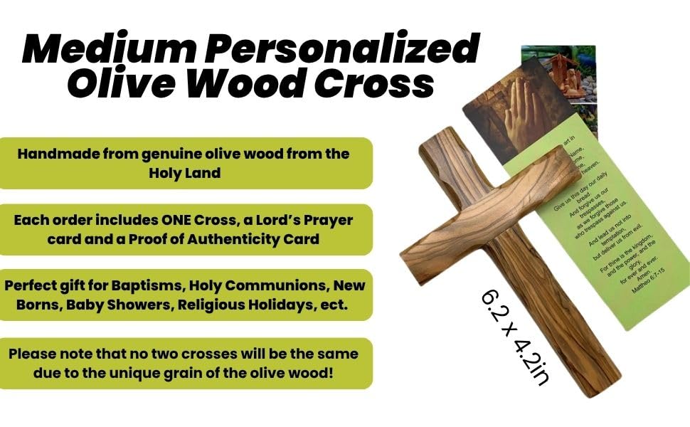 Closeup of hand-carved olive wood cross showing natural grain by iHoly Land Crafts.