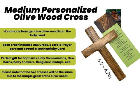 Closeup of hand-carved olive wood cross showing natural grain by iHoly Land Crafts.
