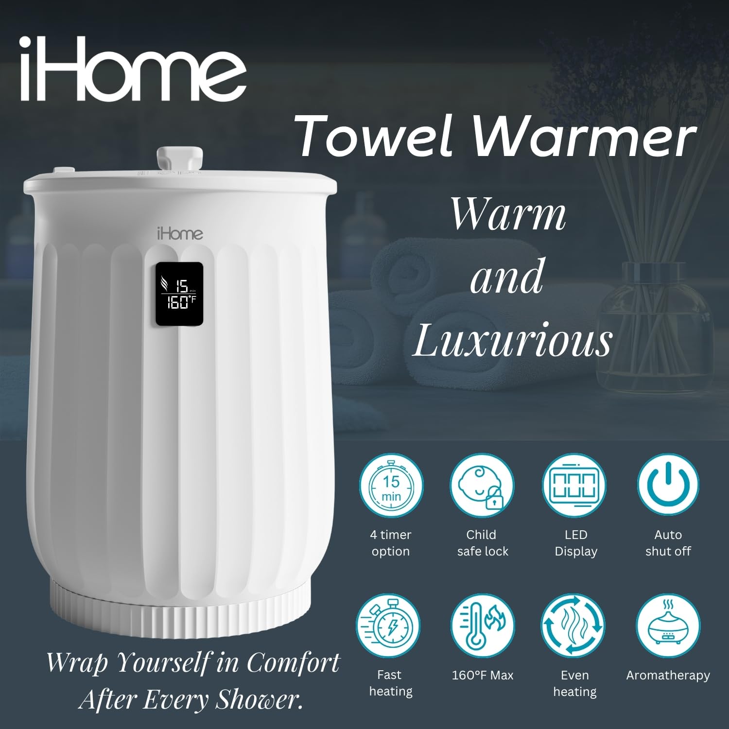 ihome Luxury 20L towel warmer with lid open showing spacious interior
