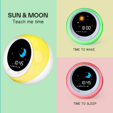 iHoo sleep clock night light showing multiple colors for calming bedtime ambiance.