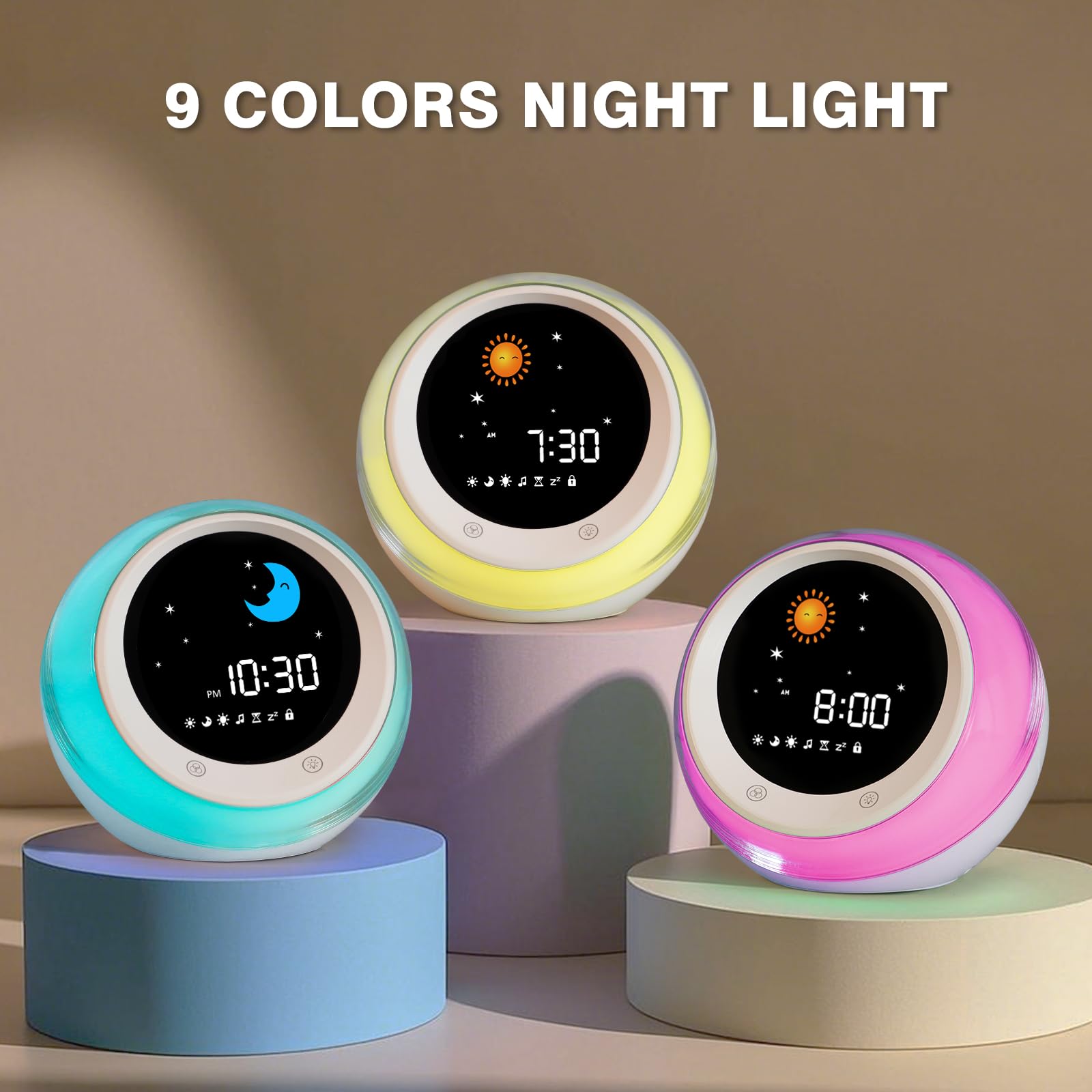 iHoo clock soothing sounds icon set featuring lullabies and nature sounds.