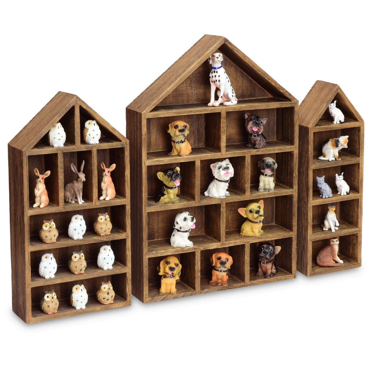 Ikee Design house-shaped shadow cubby box large displaying bigger mini figures with warm wood tone