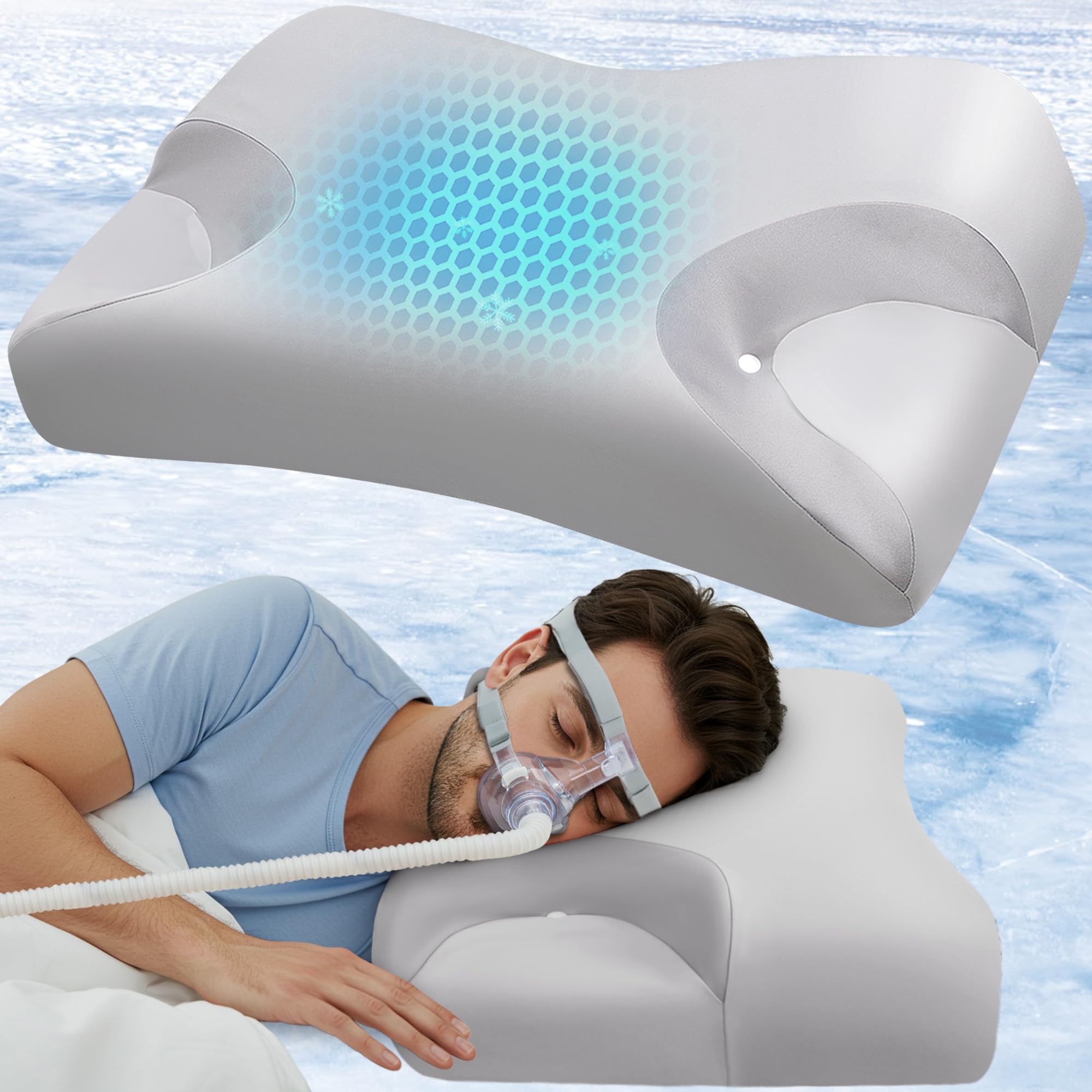 IKSTAR cooling CPAP pillow side view with tubing management for side sleepers