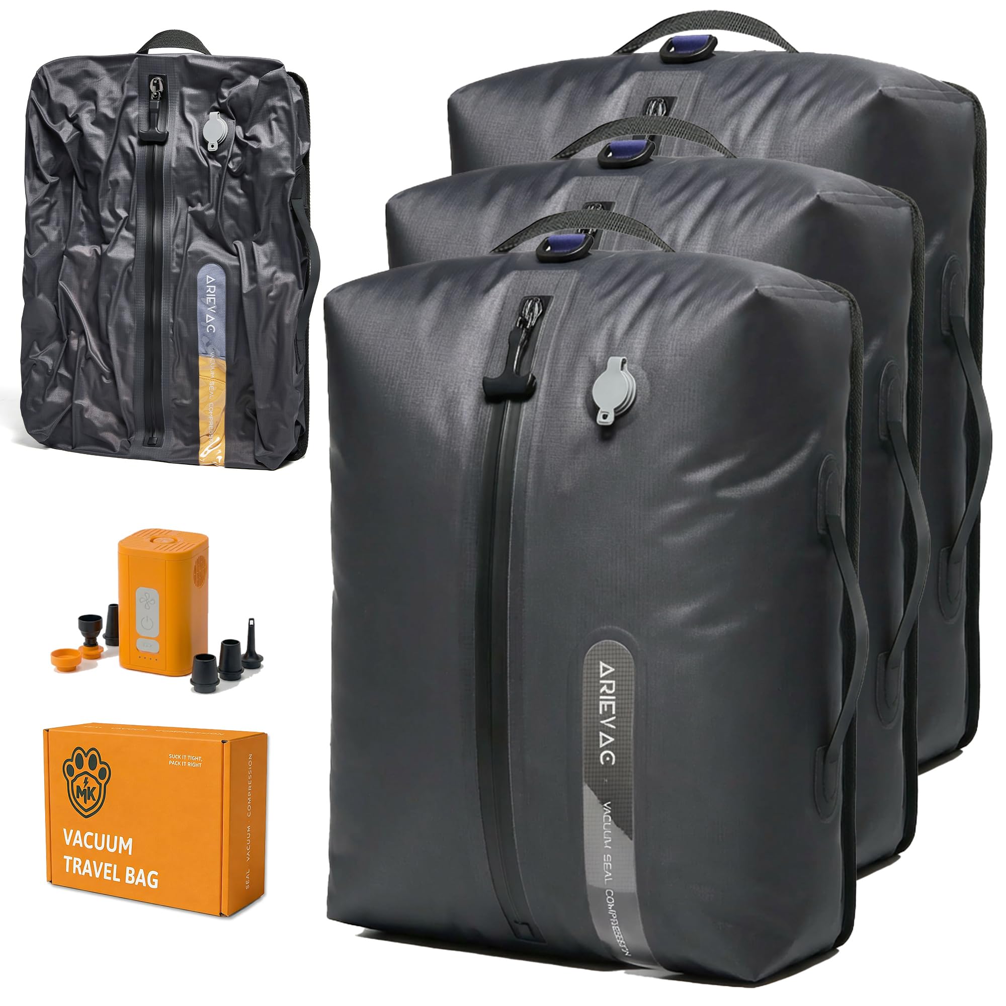 IKYWT vacuum-seal bags and pump show space-saving travel in overhead bins