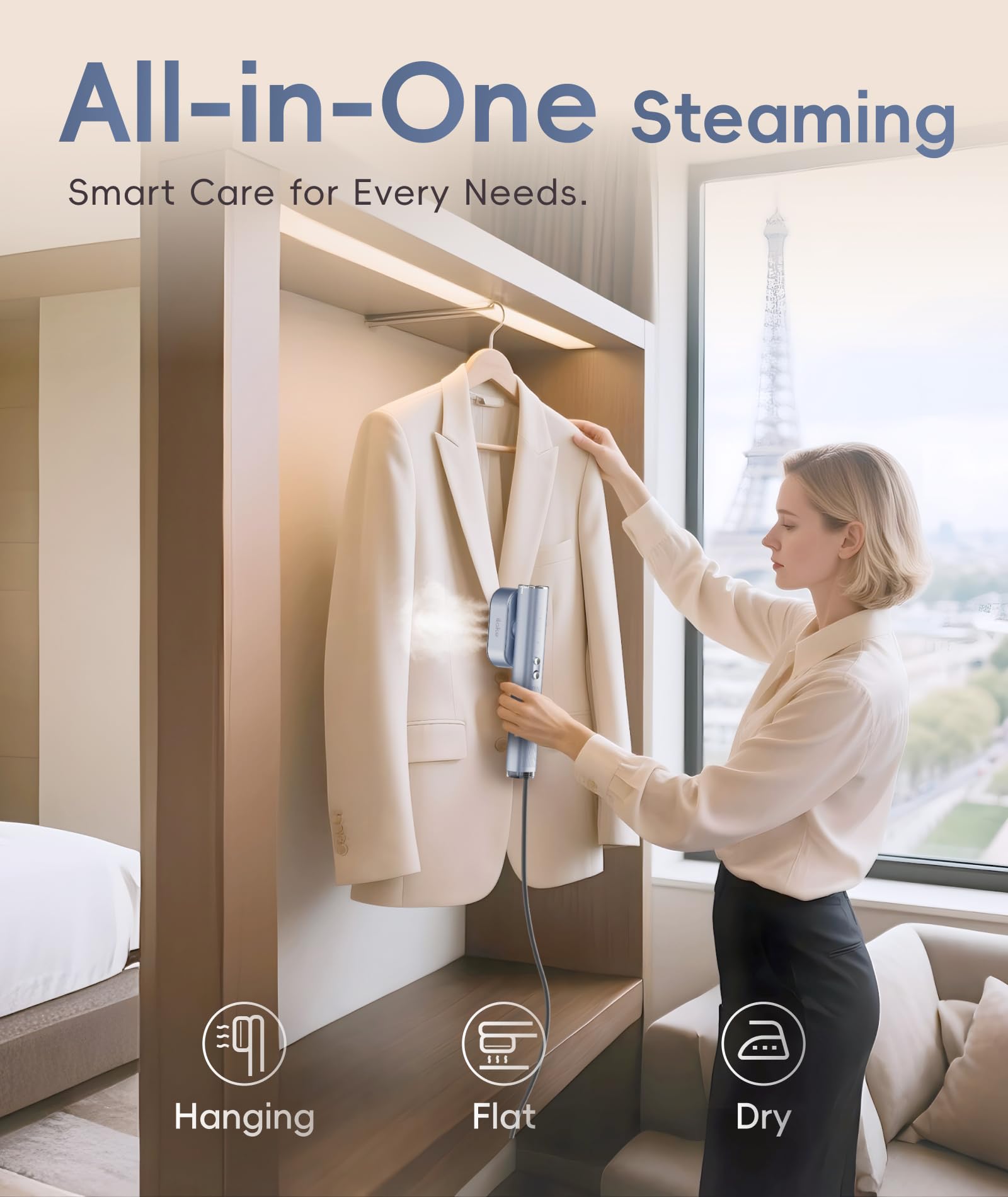 Ilake steamer 3-in-1 settings for different fabrics and needs.