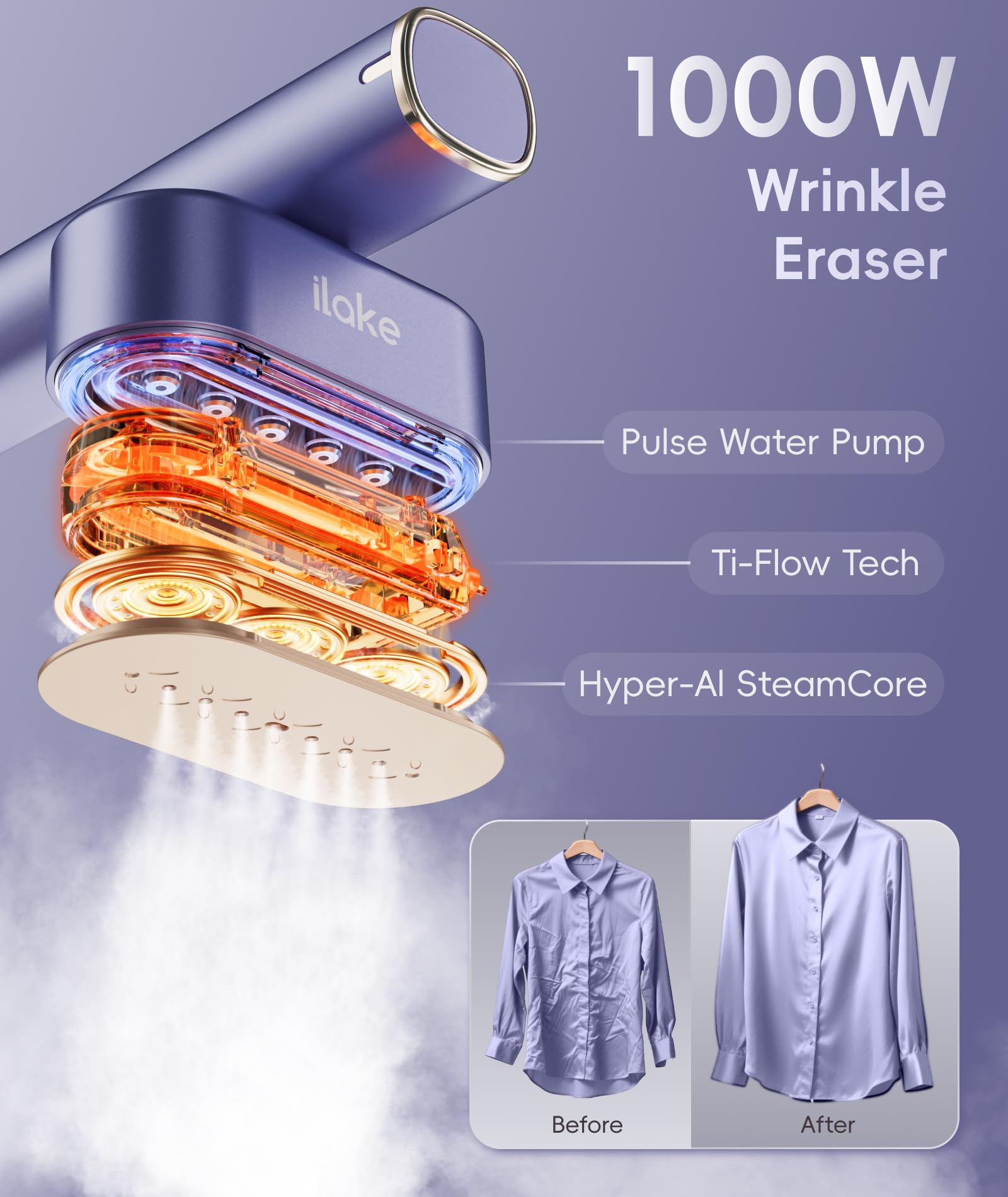 Ilake steamer detachable 120ml tank for quick refills.