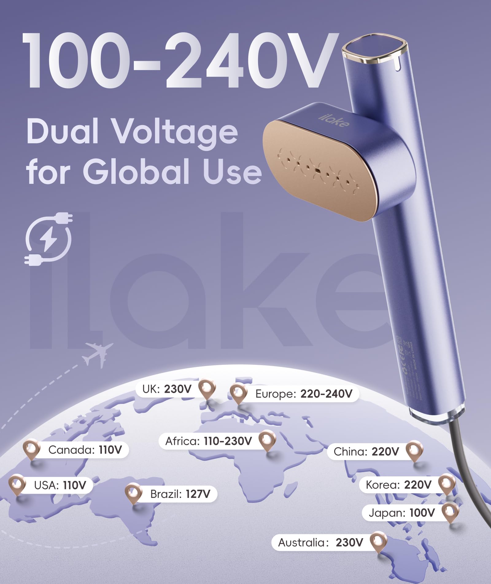 Ilake steamer demonstrating global dual voltage for worldwide use.