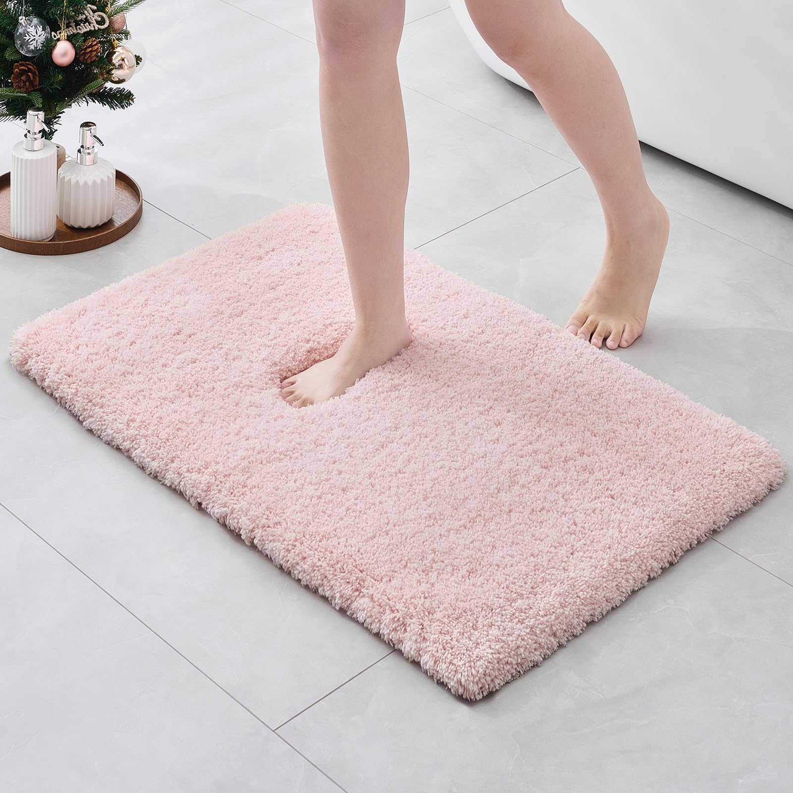 ILANGO pink Christmas bath rug front view shows plush comfort and full bathroom coverage