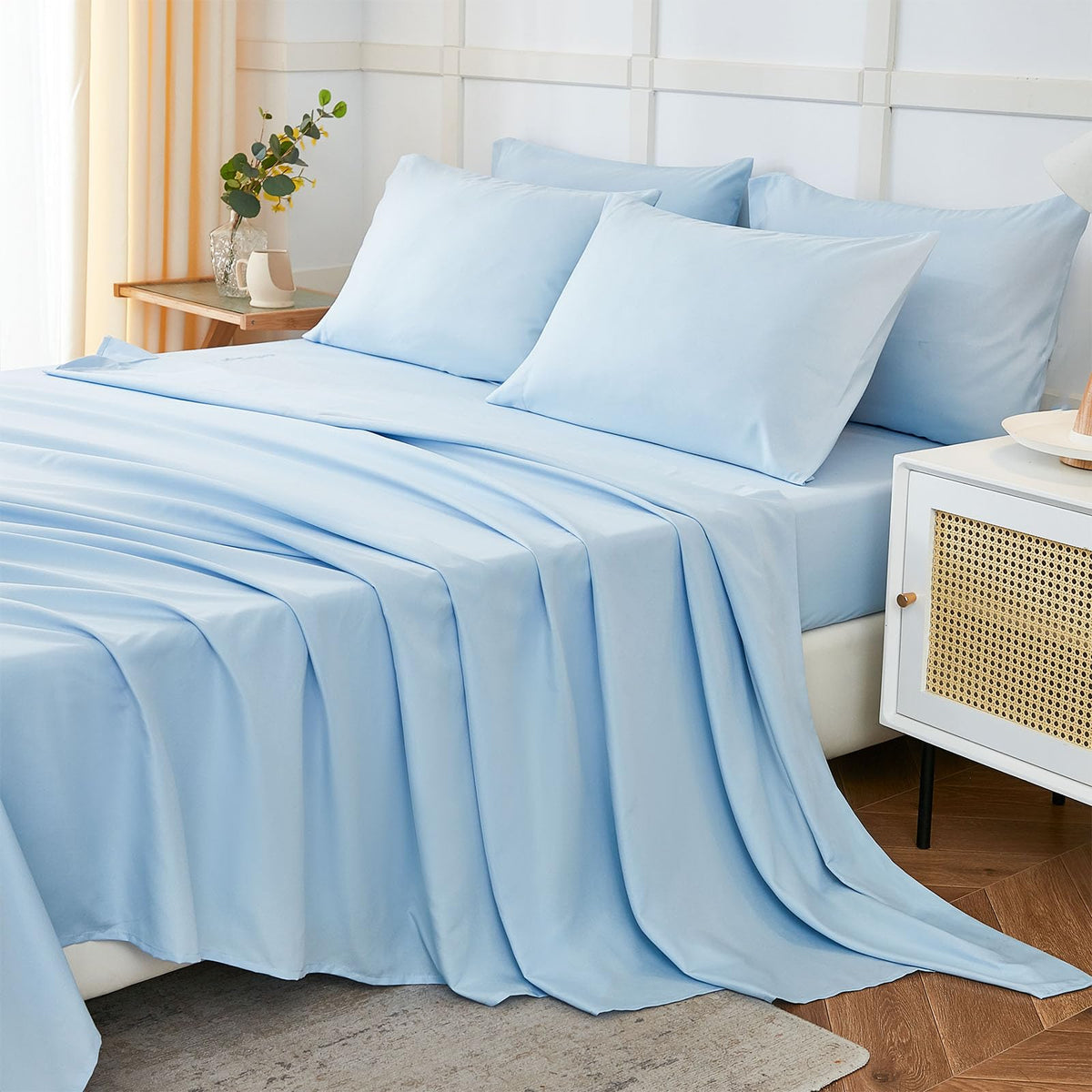 ILAVANDE queen sheets in baby blue on bed, delivering hotel-like luxury and comfort.