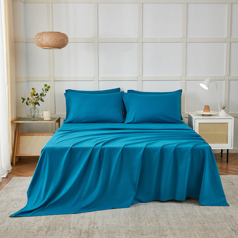 ILAVANDE Teal king fitted sheet showing deep pockets for secure fit