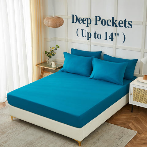 ILAVANDE Teal Queen Sheets pillowcases arranged to highlight soft microfiber comfort
