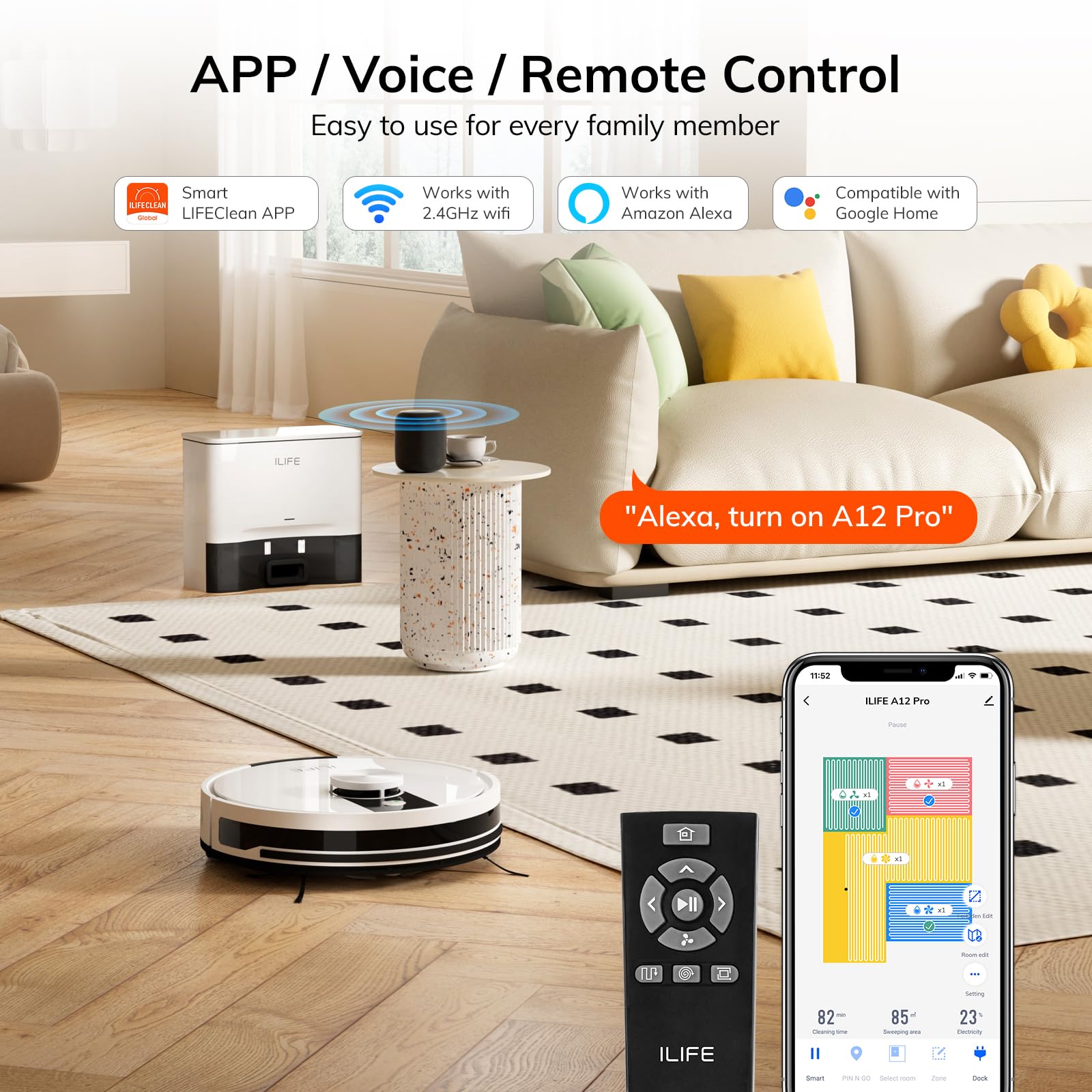 ILIFE A12 Pro remote control for direct, on-demand cleaning.