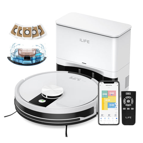 ILIFE A12 Pro self-empty station enables hands-free maintenance after each clean.