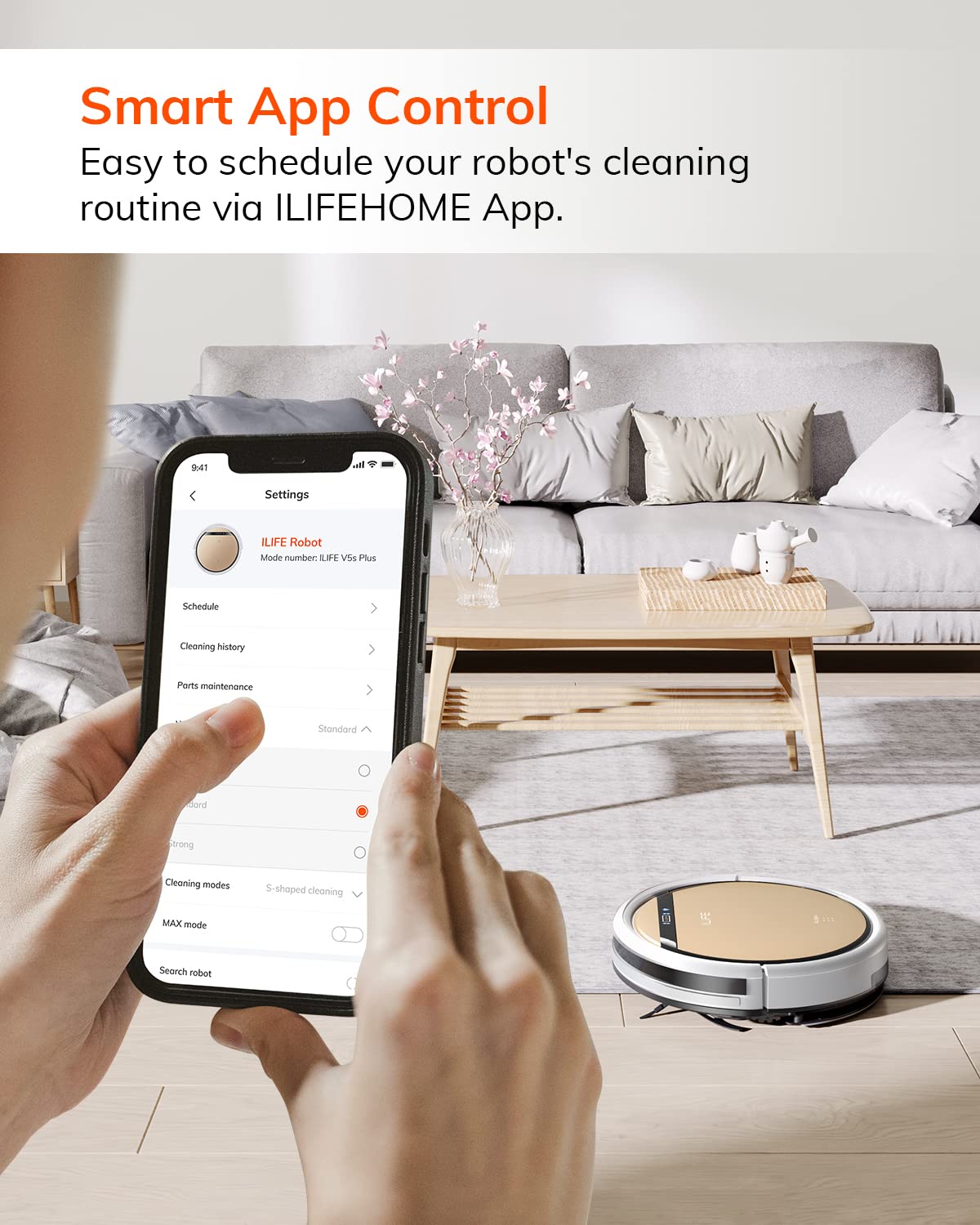 ILIFE V5s Plus used with Alexa voice control in a living room setting.