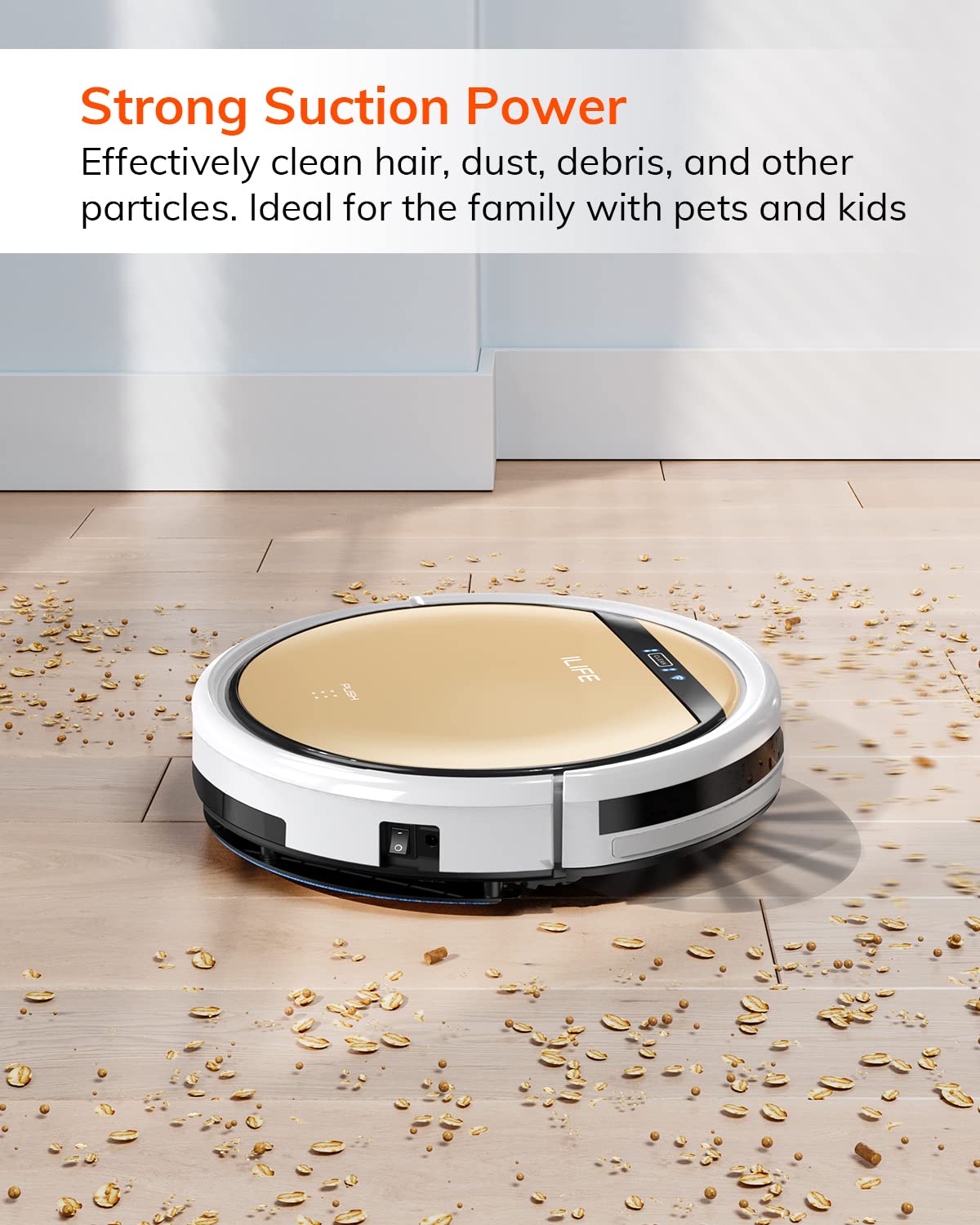 ILIFE V5s Plus with Wi-Fi app control shown on a smartphone screen.