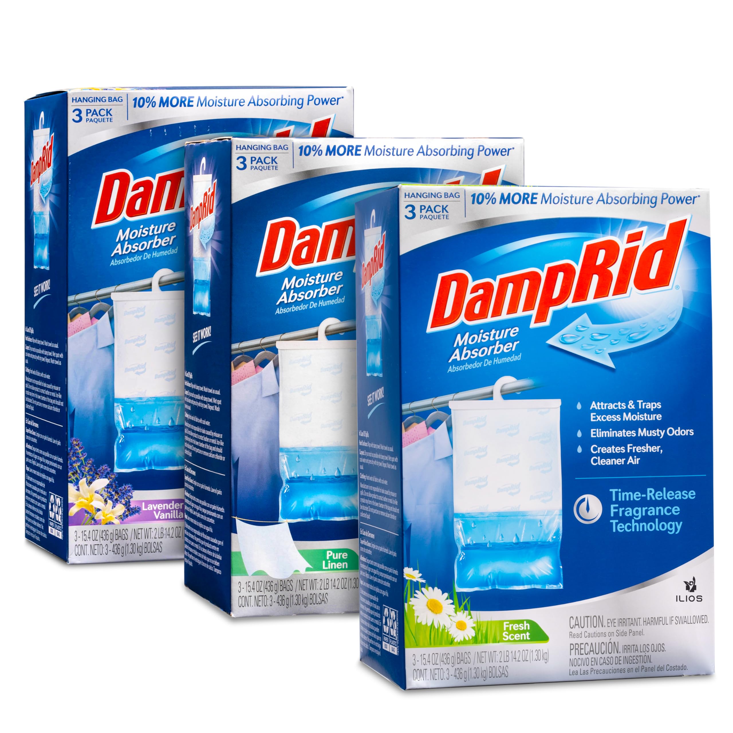 ILIOS Damp Variety 3 Scent packaging shows three bags for fresher air