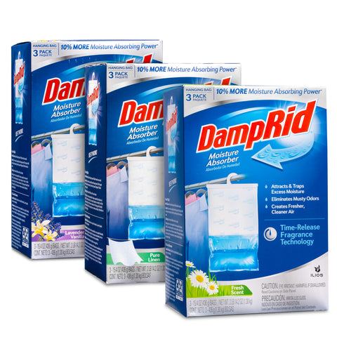 ILIOS Damp Variety 3 Scent packaging shows three bags for fresher air