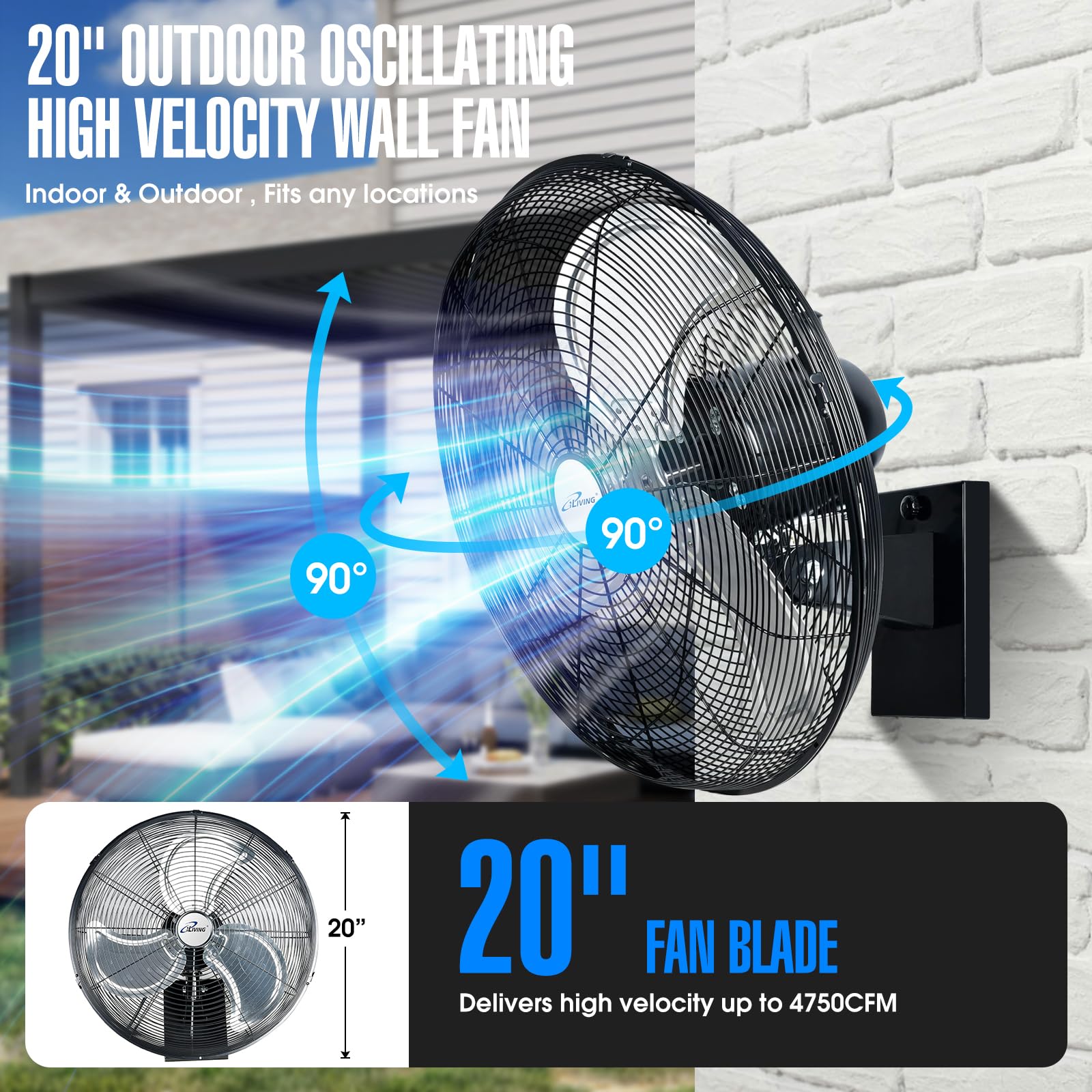 iLiving 20-inch outdoor wall fan oscillation angle showcases wide coverage.