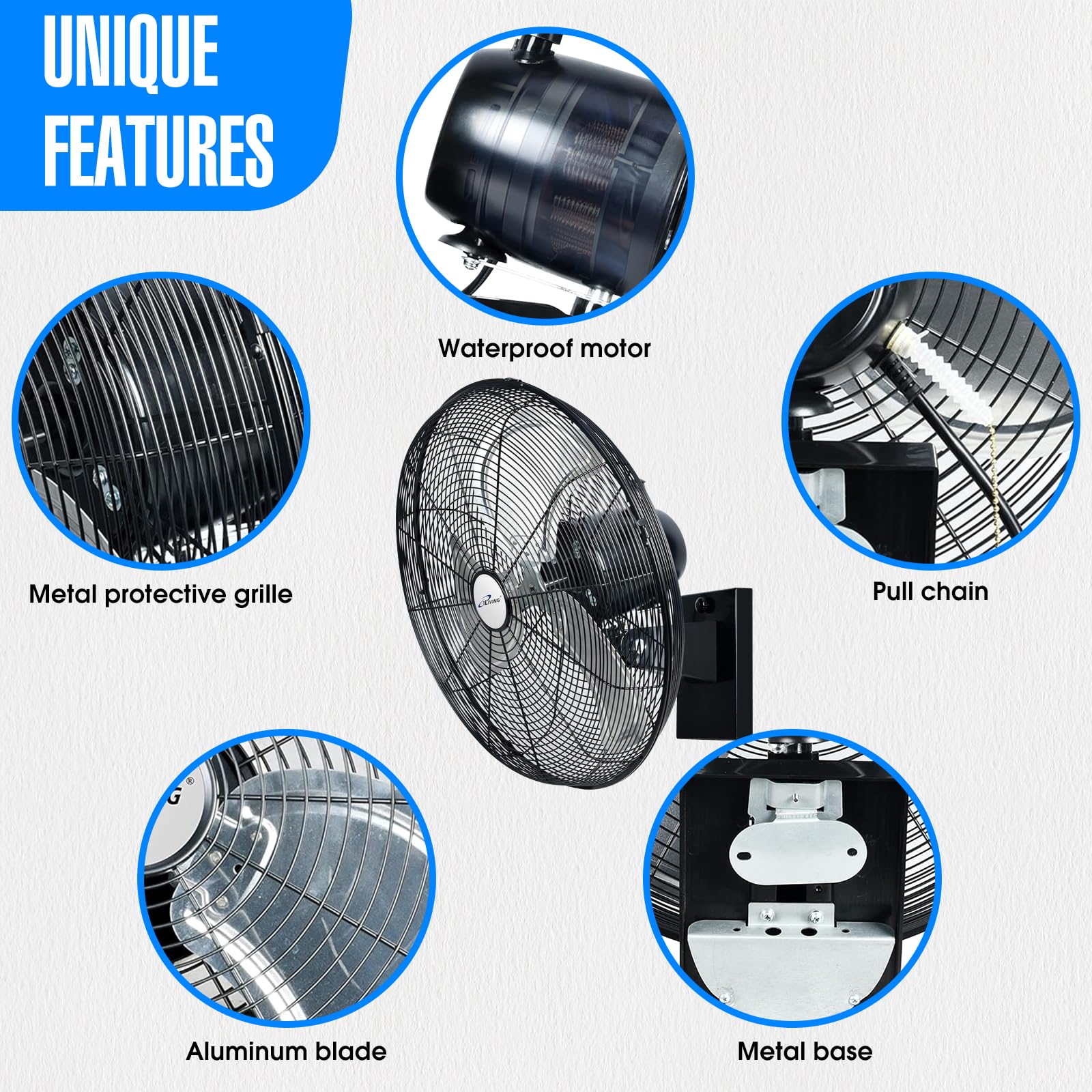 iLiving outdoor wall fan with rust-resistant coating ideal for year-round use.