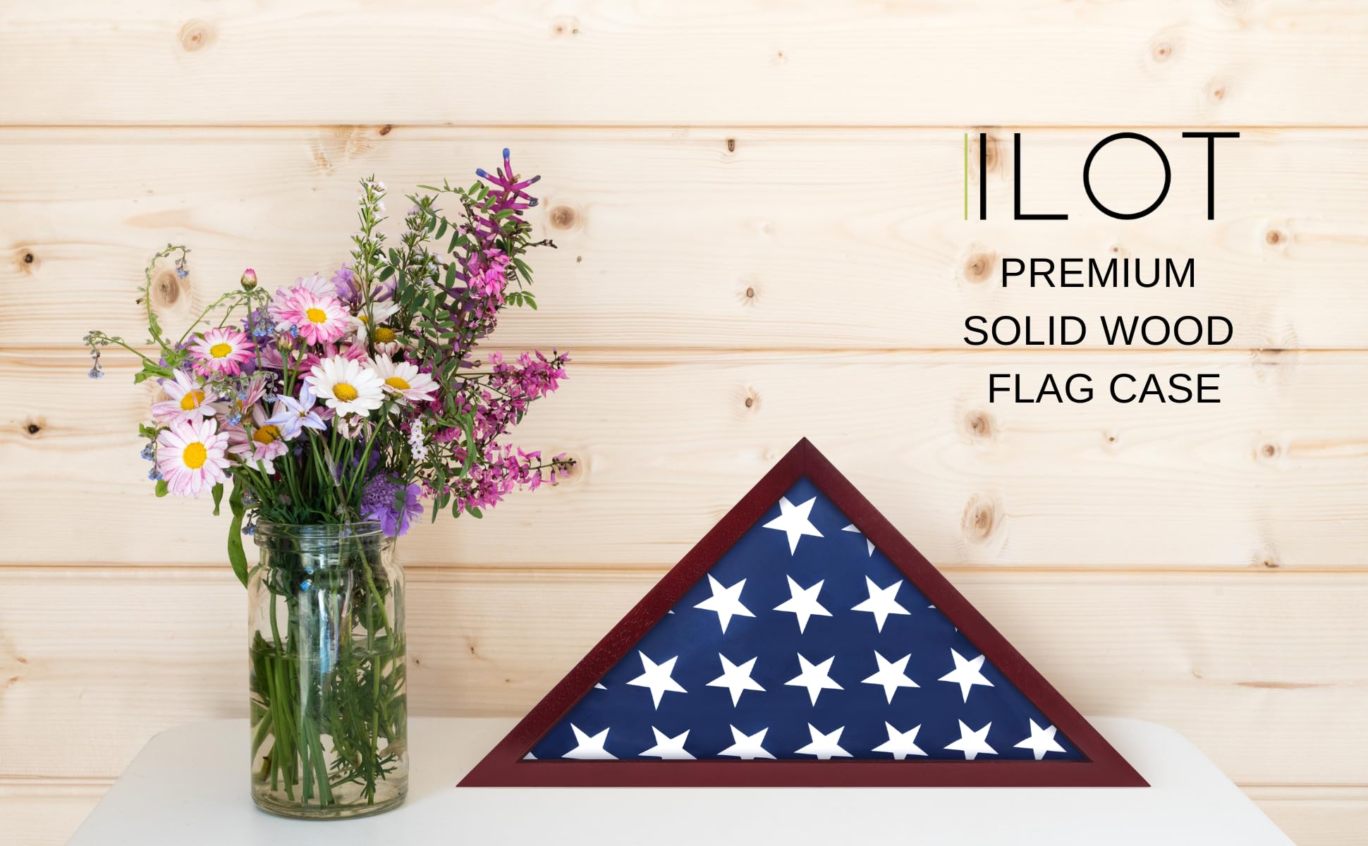 ILOT flag case can be wall-mounted or placed on a table