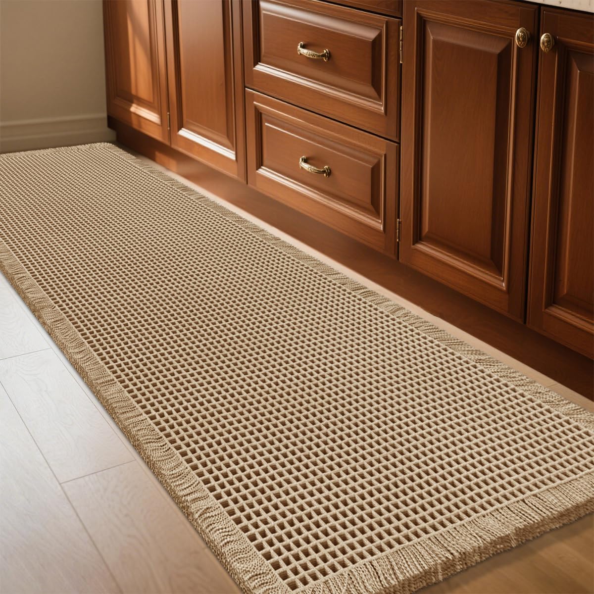 IM HOME waffle bath mat beige with plush texture for absorbent foot comfort.