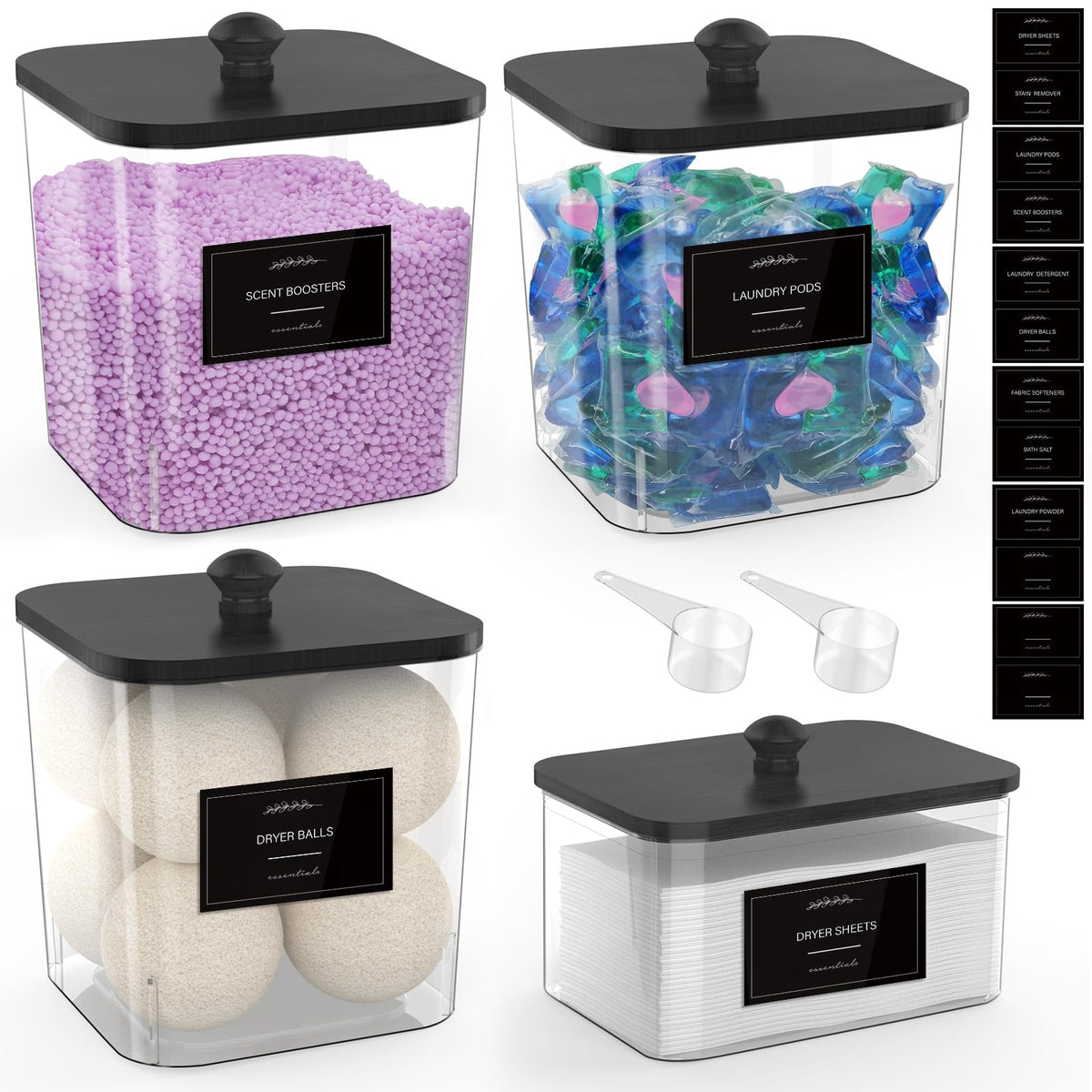 COAZEX 3+1 Pack Clear Laundry Pods Container & Dryer Sheet Holder – Square Storage Jars