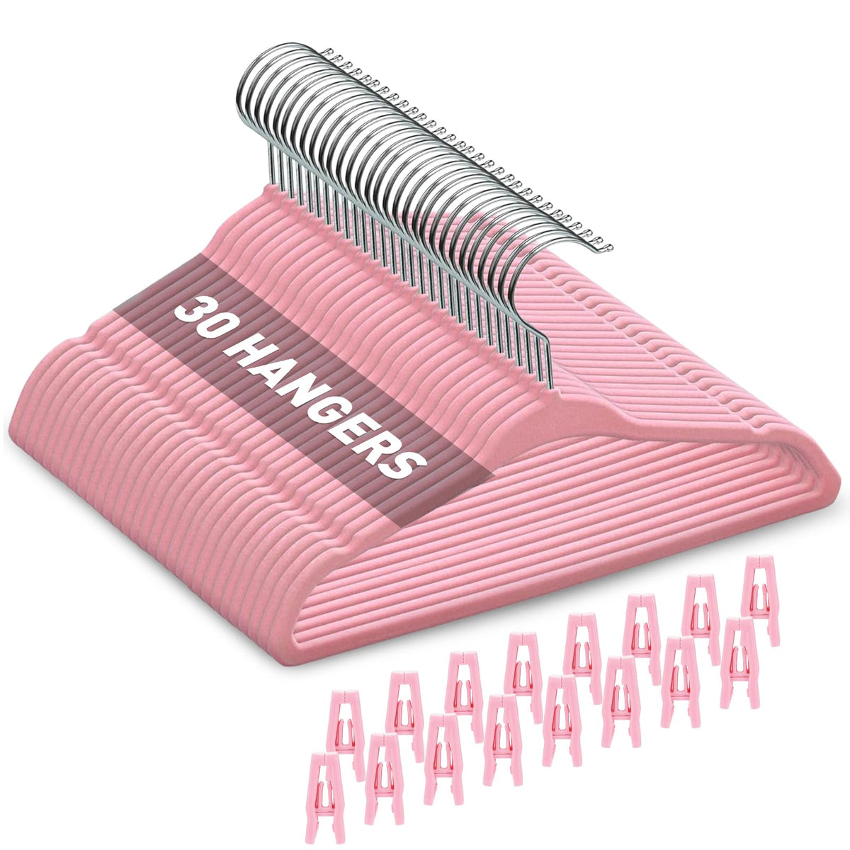 Babyrish velvet baby hangers with clips—pink 30-pack for tidy outfits.
