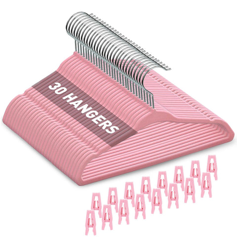Babyrish velvet baby hangers with clips—pink 30-pack for tidy outfits.