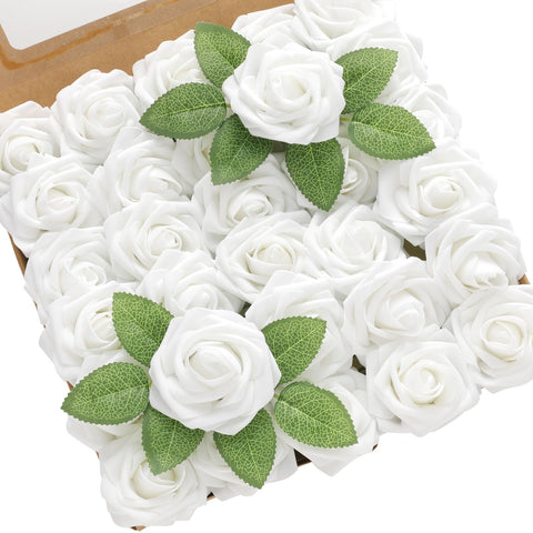 DerBlue 60pcs Artificial Roses Flowers with stem and 10pcs Green Leaves Real Looking Fake Roses Artificial Foam Roses Decoration DIY for Wedding,Arrangements Party Home Decorations