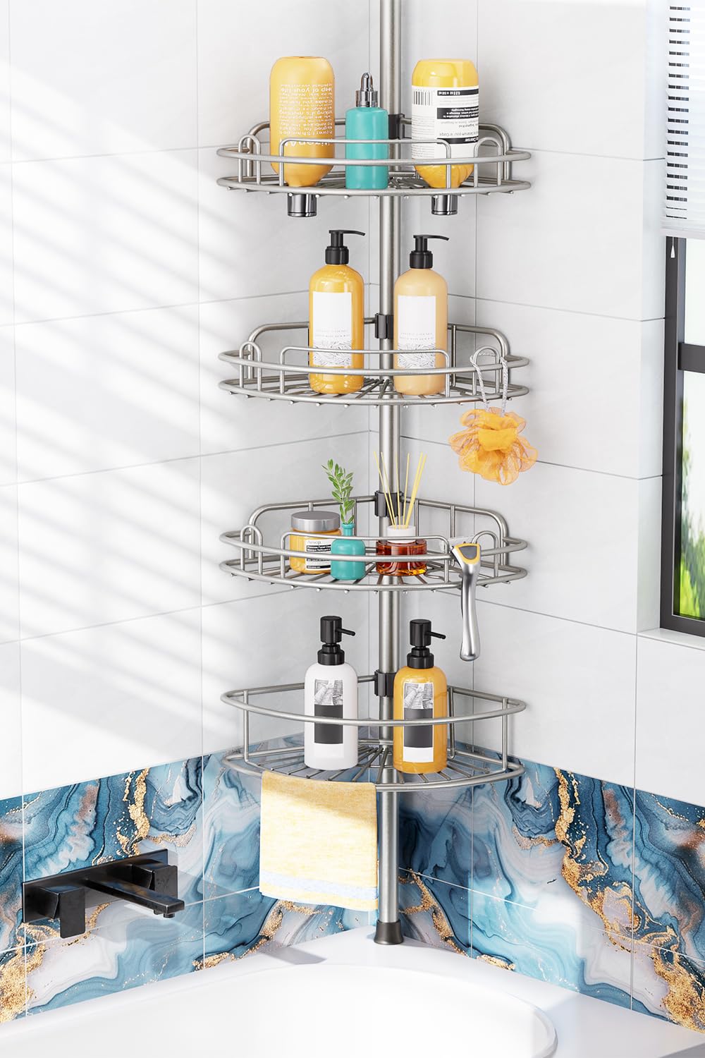 HAMITOR 4-Tier Shower Caddy Tension Pole — Rustproof, No-Drill, Adjustable 47-121 Inches