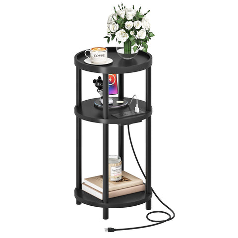 HOOBRO Small Round Side Table with Charging Station | 3-Tier Bamboo End Table