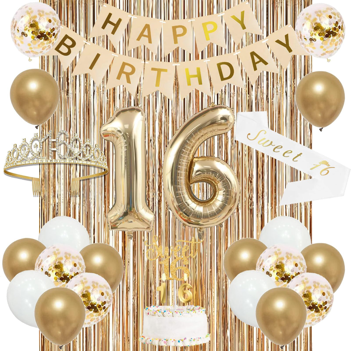 Trgowaul Sweet 16th Birthday Decorations Set – Banner, Sash, Crown, Cake Topper & Gold Fringe Curtains
