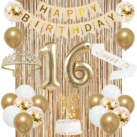 Trgowaul Sweet 16th Birthday Decorations Set – Banner, Sash, Crown, Cake Topper & Gold Fringe Curtains