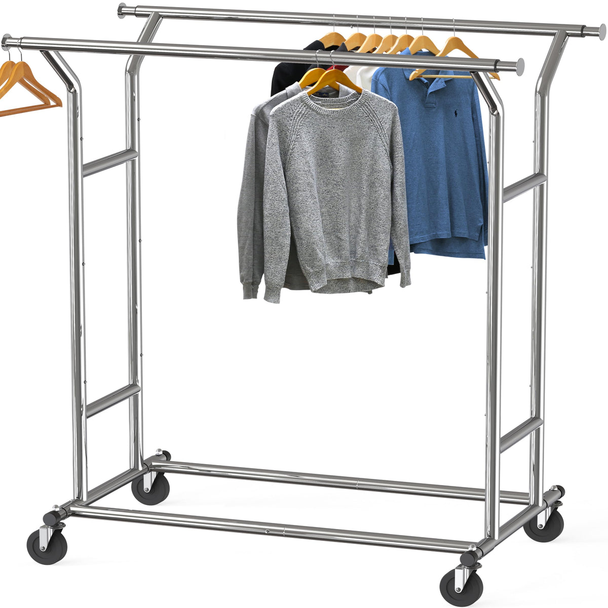Simple Houseware Heavy Duty Double Rail Garment Rack – 200 lb Capacity, Extendable Rod 42.75–67.75 in, Chrome