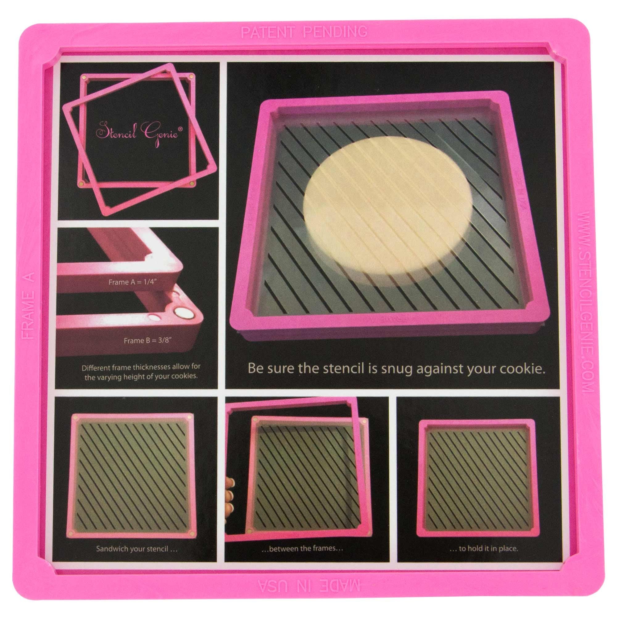 Creative Cookier Stencil Genie frame front view with sturdy magnets for secure stencil placement.