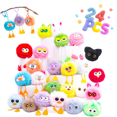 OMyFav 24 Pcs Party Favors Keychains - Fluffy Plush Kids Gifts & Classroom Prizes