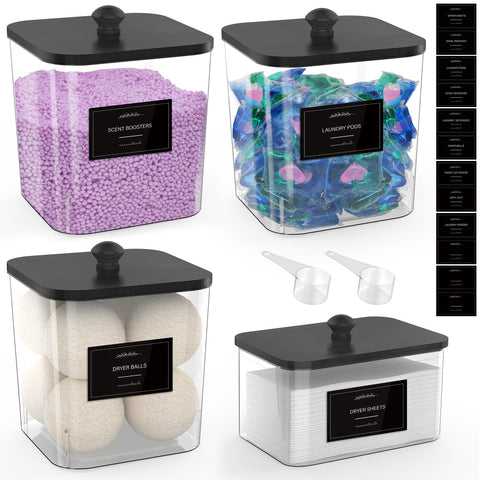 COAZEX 3+1 Pack Clear Laundry Pods Container & Dryer Sheet Holder – Square Storage Jars