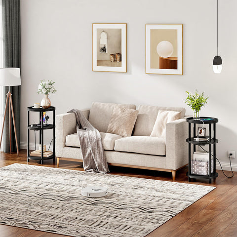 HOOBRO Small Round Side Table with Charging Station | 3-Tier Bamboo End Table